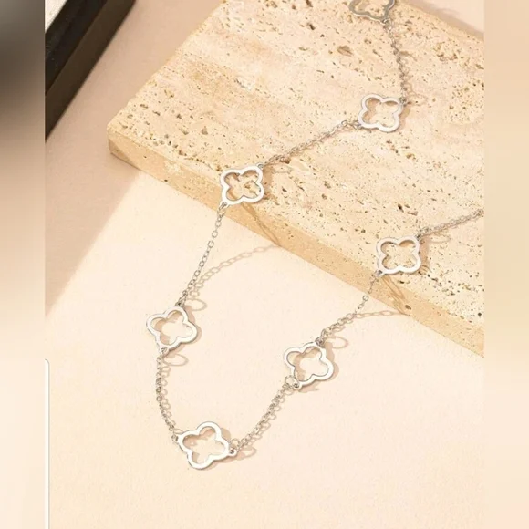 Four Leaf Clover Silver   Long  Necklace - Picture 3 of 4